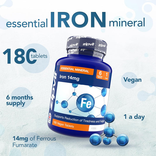 Zipvit Iron Tablets 14Mg, High Strength Ferrous Fumarate, 180 Vegan Tablets, Supports Cognitive Function & Immune System, Reduces Tiredness And Fatigue, Iron Supplements For Women And Men