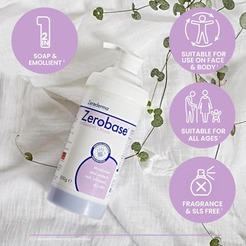 Zeroderma Zerobase Emollient Cream 2-In-1 Moisturiser & Soap Substitute, For Dry & Eczema-Prone Skin, Restores Skin Barrier, 21 Percent W/W Paraffins, 500G