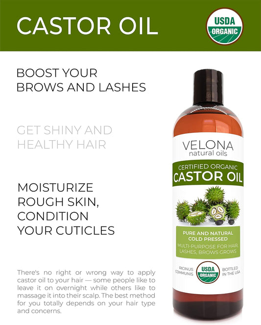 velona USDA Certified Organic Castor Oil - 64 oz | For Hair, Boost Eyelashes, Eyebrows | Cold pressed, Natural Oil, USP Grade | Hexane Free