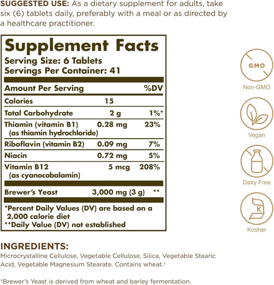 Solgar Brewer'S Yeast 7 ½ Grains With Vitamin B12 - 250 Tablets, Pack Of 2 - Non-Gmo, Vegan, Dairy Free, Kosher - 82 Total Servings