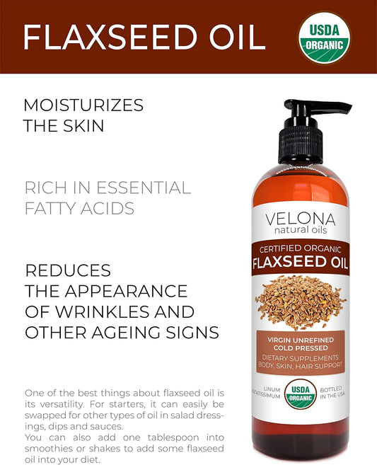 velona USDA Certified Organic Flaxseed Oil - 16 oz | 100% Pure and Natural Carrier Oil | Unrefined, Cold Pressed | Hair Growth, Body, Face & Skin Care | Use Today - Enjoy Results