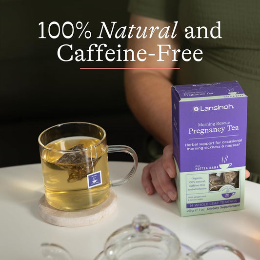 Lansinoh + Hottea Mama Morning Rescue, Pregnancy Morning Sickness Relief Tea, Lemon & Ginger, Caffeine-Free, Sugar-Free, Essentials For Pregnant Women, Includes 14 Tea Sachets