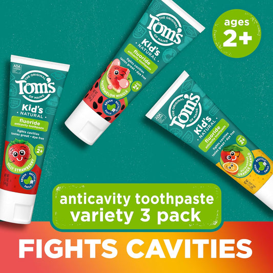 TomāS Of Maine Anticavity Kids Natural Toothpaste Variety Pack, Strawberry, Orange Mango, Watermelon Flavors, Kids Toothpaste With Fluoride, Safe For Ages 2 And Up, 5.1 Oz (Pack Of 3)