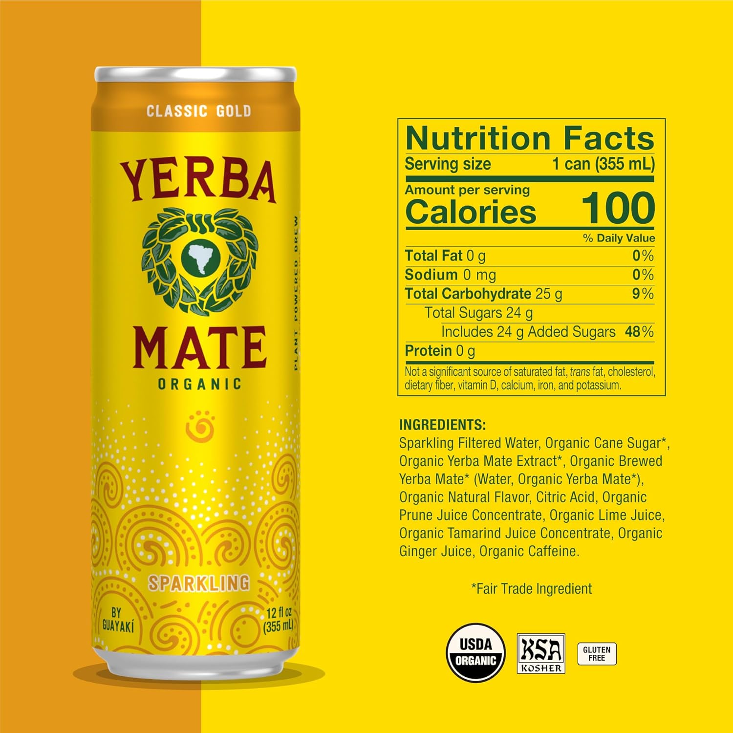 Guayakí Yerba Mate, Organic Sparkling Energy Drink Alternative, Classic Gold, 80Mg Natural Plant Based Caffeine, Smooth Energy & Focus, Carbonated, 15.5 Oz (Pack Of 12) (Packaging May Vary)