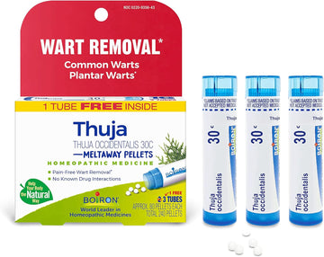 Boiron Thuja Occidentalis 30C Wart Removal Homeopathic Medicine For Painless Removal Of Warts From Plantar (Feet), Hands, And Other Bodily Warts - 3 Count (240 Pellets)