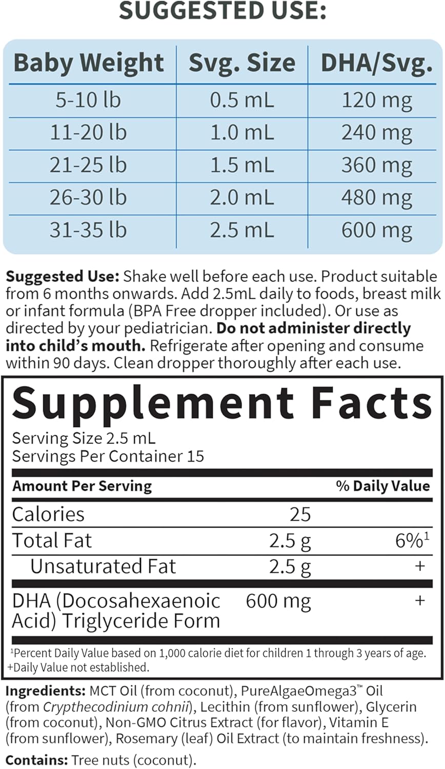 Garden Of Life Baby Dha Drops, 600Mg Omega 3 Dha Vegan For Baby'S Brain & Eyes From Vegetarian Friendly Plant Based Sources (No Fish Oil) For Babies & Toddlers, 37.5 Ml (1.26 Fl Oz) Liquid : Health & Household
