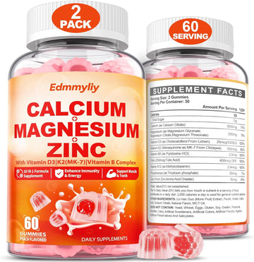 Calcium Magnesium Zinc Supplement Gummies With Vitamin D3 K2 & B Complex For Women Men 1000Mg Calcium Citrate With Magnesium Gummies For Bone, Muscles & Immune Support, Sugar Free, Vegan