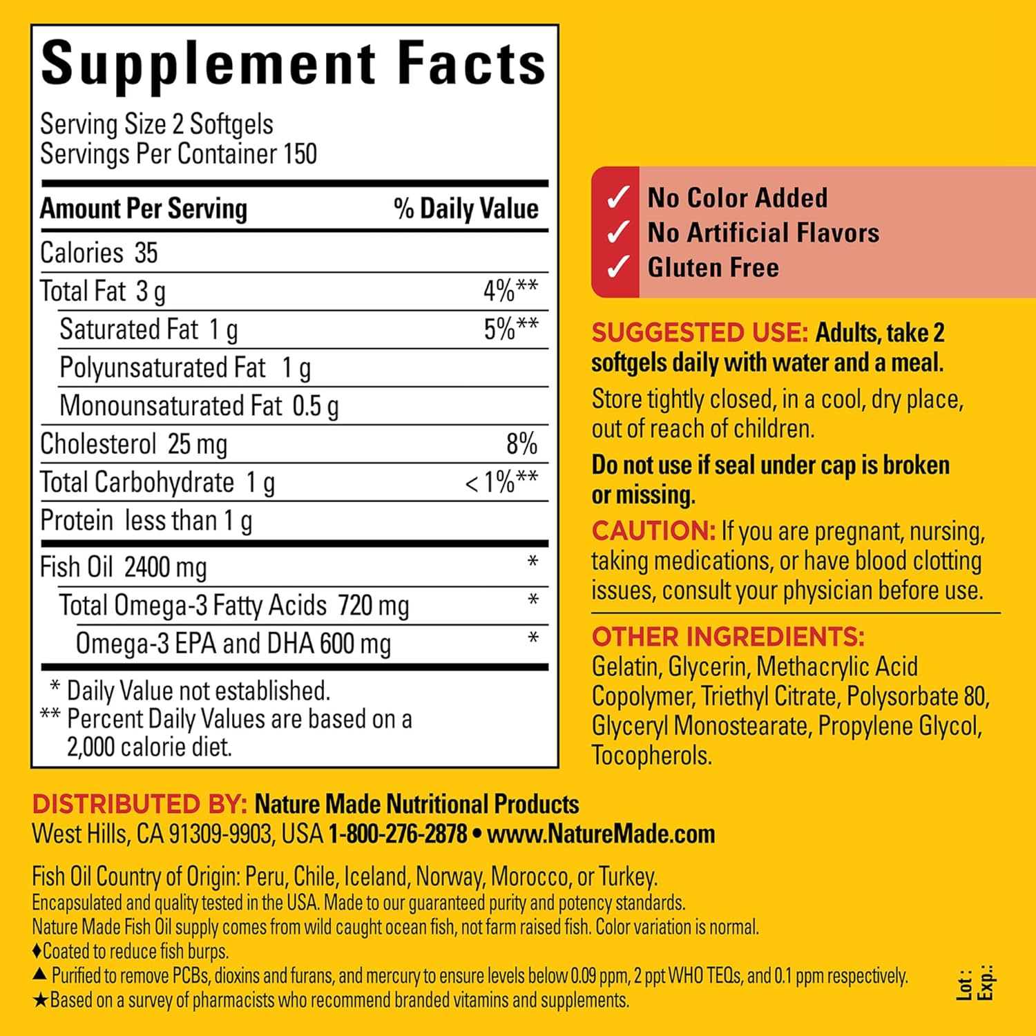 Nature Made Burp Less Fish Oil Omega 3 Supplements, 1200 Mg Softgels, Omega 3 Fish Oil For Healthy Heart Support, 300 Softgels, 150 Day Supply : Health & Household