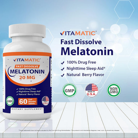 2 Pack High Potency Melatonin 20Mg Tablets | Vegetarian, Non-Gmo, Gluten Free | 60 Fast Dissolve Tablets | Natural Berry Flavor |
