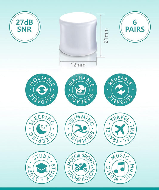 Medi Grade Premium Silicone Ear Plugs For Sleep, 6 Pairs, 27Db - Mouldable And Reusable Noise Cancelling Silicone Ear Plugs For Sleeping, Swimming And Concerts - Ear Plugs Noise Cancelling
