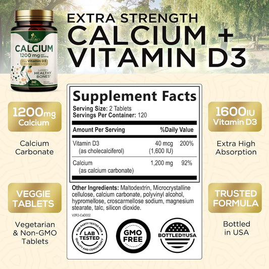 Calcium 1200 Mg With Vitamin D3, Calcium Supplement Vitamins, Supports Bone Strength, Teeth & Immune System, Calcium Supplements For Women & Men, Nature'S Absorbable Calcium Carbonate - 240 Tablets