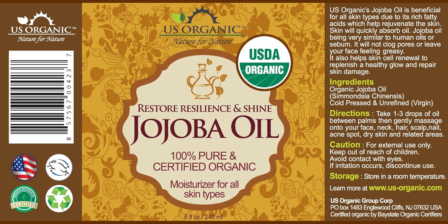 Us Organic Jojoba Oil, Usda Certified Organic,100% Pure & Natural, Cold Pressed Virgin, Unrefined, Haxane Free, Sourced From Middle East Directly (Large (8Oz, 240Ml)) : Beauty & Personal Care
