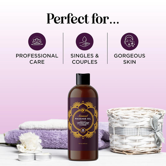 Aromatherapy Sensual Massage Oil For Couples - Relaxing Full Body Massage Oil For Date Night With Sweet Almond Oil - Vegan Lavender Massage Oil For Massage Therapy Smooth Gliding Formula 16 Fl Oz