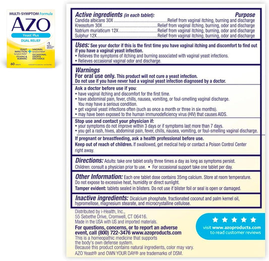 Azo Yeast Plus Dual Relief 60 Tablets, Yeast Infection & Vaginal Symptom Relief + Boric Acid Vaginal Suppositories, Helps Support Odor Control & Balance Ph With Clinically Studied Boric Acid 30 Ct