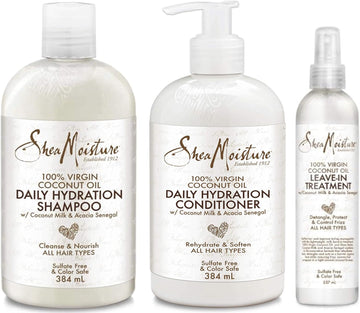 100% Virgin Coconut Oil Trio Bundle| Daily Hydration Conditioner 13 Oz, Daily Hydration Shampoo 13 Oz & Leave-In Treatment 8 Oz By Shea Moisture