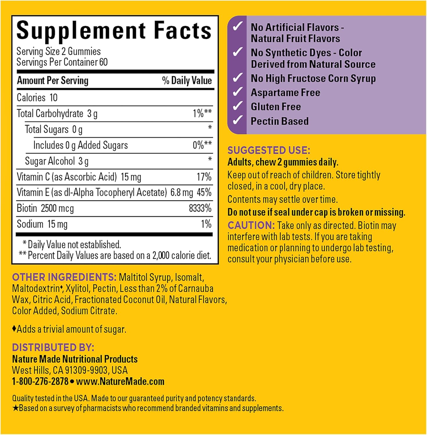 Nature Made Zero Sugar Hair Skin Nails Gummies, Biotin 2500 Mcg Per Serving, 120 Sugar Free Gummies, 60 Day Supply