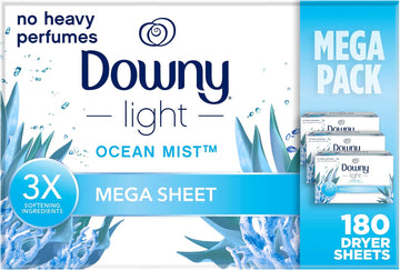 Downy Light Mega Dryer Sheets, Fabric Softener Dryer Sheets, Ocean Mist, 180 Count