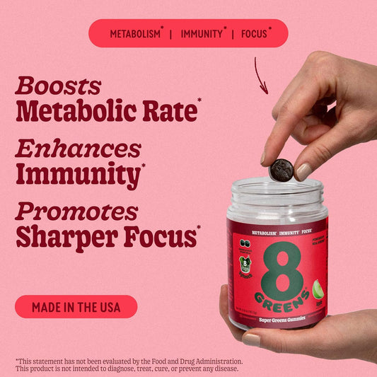 8Greens Supergreens Gummies | Super Greens Powder Superfood Gummy For Metabolism, Immunity & Focus, Digestive Health Enzymes, Organic: Chlorella, Spirulina, Aloe Vera, Apple Flavor, 50 Count