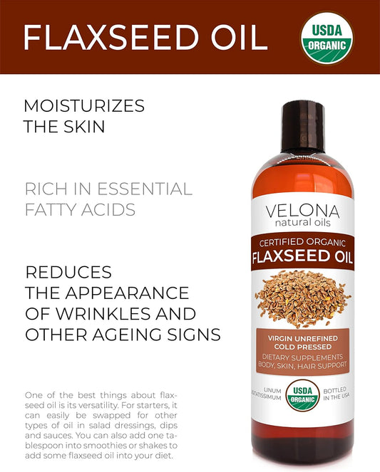 velona USDA Certified Organic Flaxseed Oil - 64 oz | 100% Pure and Natural Carrier Oil | Unrefined, Cold Pressed
