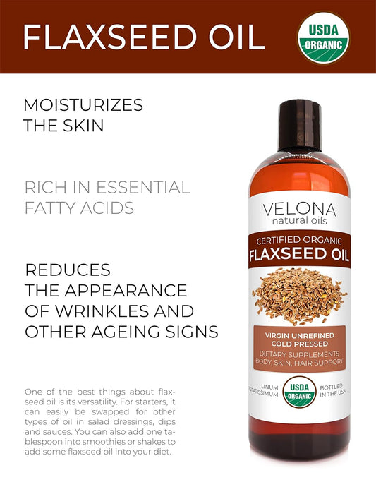 velona USDA Certified Organic Flaxseed Oil - 4 oz | 100% Pure and Natural Carrier Oil | Unrefined, Cold Pressed | Hair Growth, Body, Face & Skin Care | Use Today - Enjoy Results