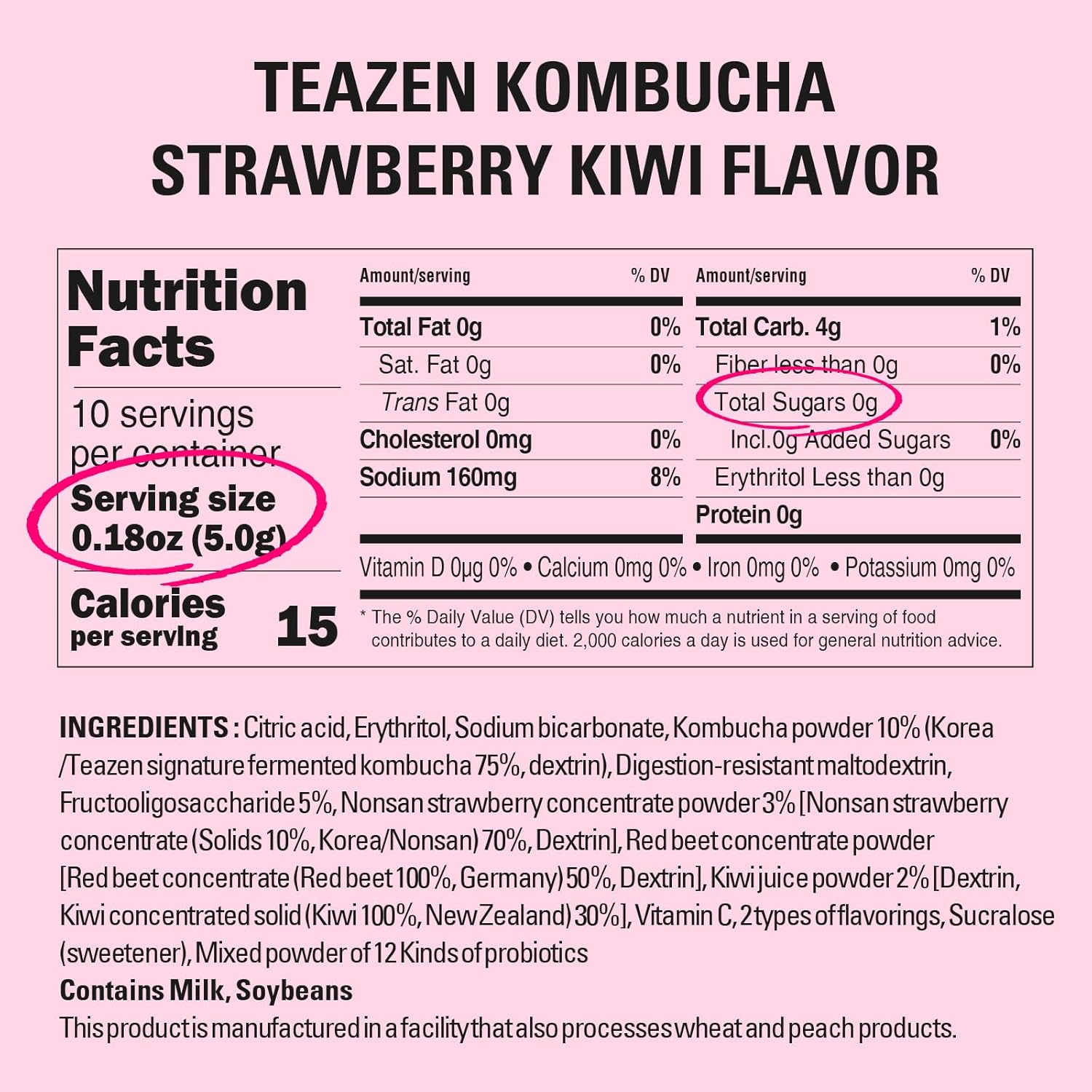 Teazen Strawberry Kiwi Kombucha Tea, Hydration Drink Mix, Sugar Free, Live Probiotics & Prebiotics, 10 Sticks, 1.76Oz