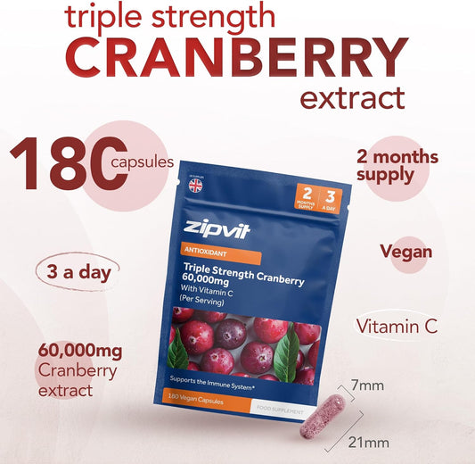Zipvit Triple Strength Cranberry 60,000Mg, High Strength Cranberry Extract With Vitamin C, 180 Vegan Capsules For Immune Support, 2 Month Supply, Supplement For Men & Women