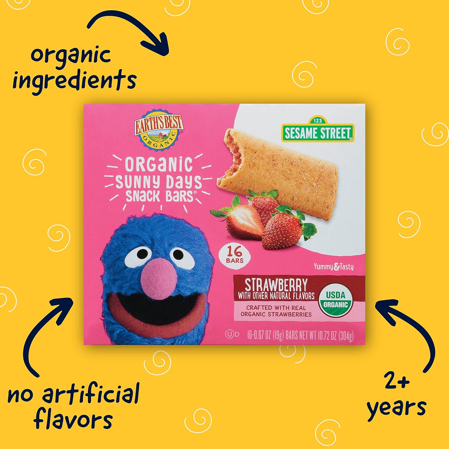 Earth'S Best Organic Kids Snacks, Sesame Street Toddler Snacks, Organic Sunny Days Snack Bars For Toddlers 2 Years And Older, Strawberry With Other Natural Flavors, 16 Bars Per Box : Baby