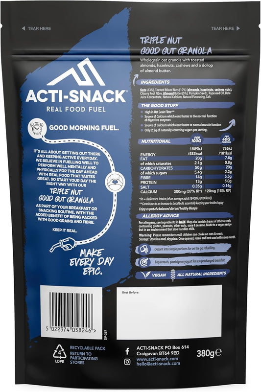 Acti-Snack Triple Nut Good Gut Granola - 5 X 380 Grams Packs - High Protein Cereals Breakfast - All Natural & High Calcium Low Sugar Granola