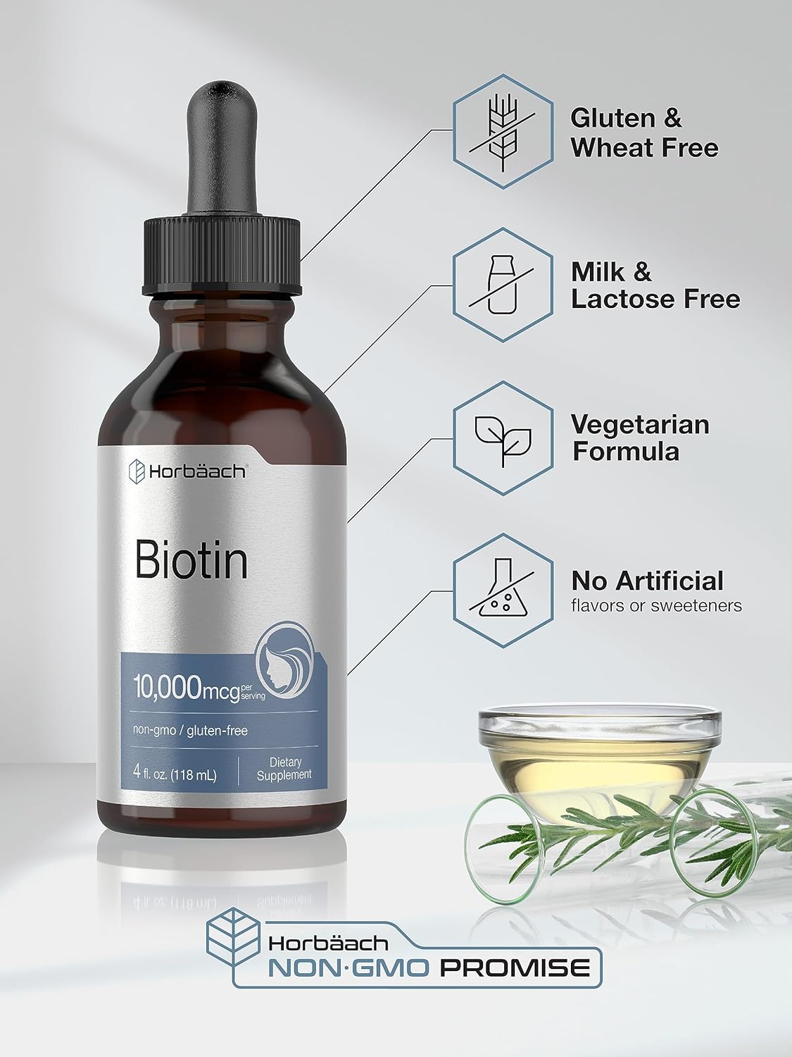 Horbäach Biotin Liquid Drops 10000mcg | 4 fl oz | Vegetarian, Non-GMO & Gluten Free Supplement : Health & Household