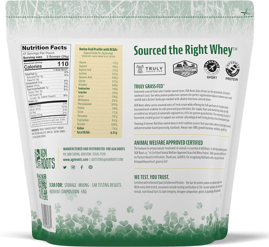 Agn Roots Grass Fed Whey Protein Powder Isolate - Unflavored - Unsweetened - Certified Entire Life On Pasture - A Greener World - Aspca Registered Brand List - Informed-Sport - 3Lbs