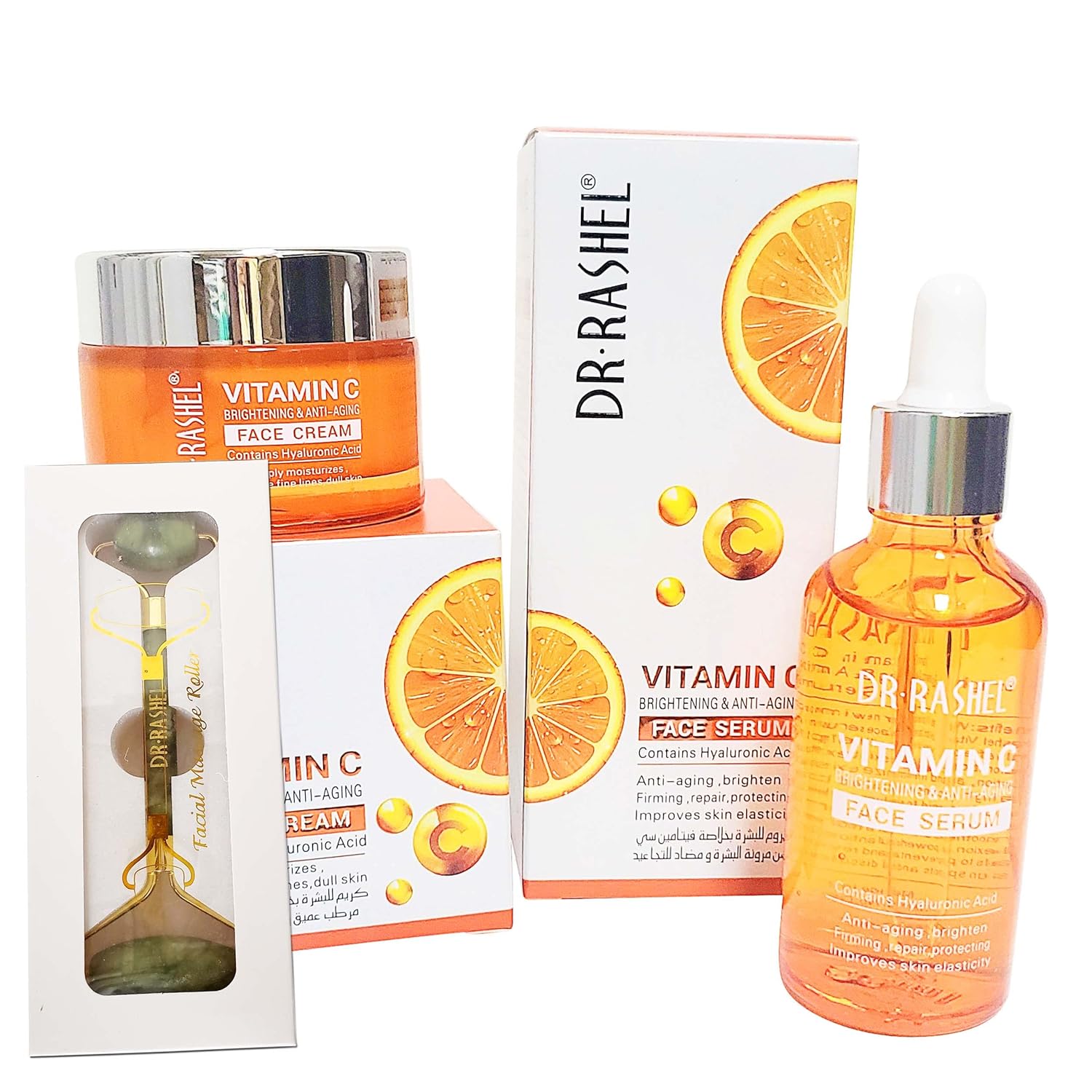 Dr Rashel Vitamin C Face Serum And Vitamin C Face Cream Variety Pack | Hyaluronic Acid, Anti Aging And Collagen Essence + 1 Jade Roller Face Massager : Beauty & Personal Care