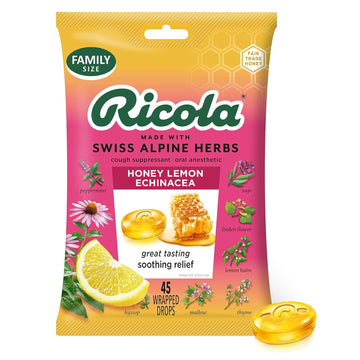 Ricola Honey Lemon With Echinacea Herbal Cough Suppressant Throat Drops, 45Ct Bag