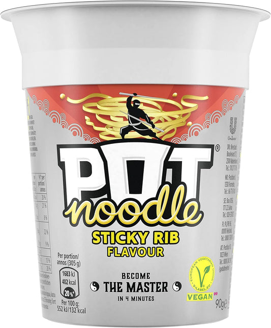 Pot Noodle Sticky Rib Standard Pot Noodle Instant Vegan* Snack Quick To Make Noodles 12X 90 G