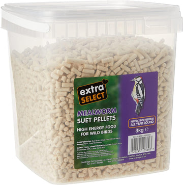 Extra Select Mealworm High Energy Suet Pellets Wild Bird Food - Protein, Fat Rich Year-Round Feeding - 3 Kg Reusable Bucket08Wb089