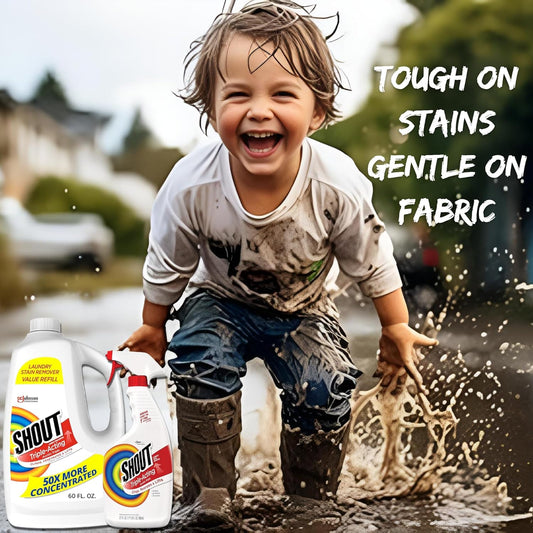 Shout Stain Remover Refill, Triple-Acting Spot Treatment 60 Ounce And Spray 22 Ounce Bundle With Collapsible Easy Pour Funnel