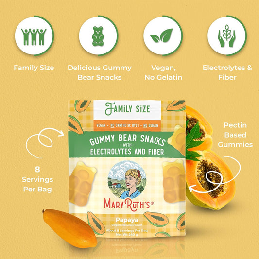 Maryruth'S Sugar Candy Gummy Bears Snacks | Delicious With Electrolytes And Fiber | Made With Cane Sugar | Papaya | Vegan | Gluten Free | Non-Gmo | Family Size | 240 Grams | 0.52 Pounds | 8 Pieces