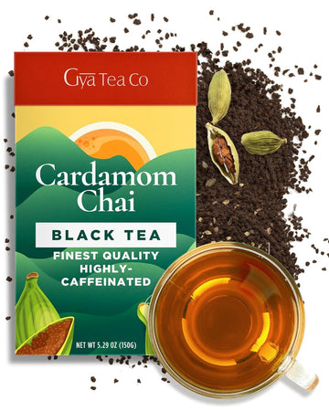 Gya Tea Co Cardamom Chai Black Tea Loose Leaf - 5.29 Oz 70 Cups Caffeinated Cardamom Chai Tea Loose Leaf Tea- 100% Pure Natural Loose Tea Leaves - 0 Calories Pure Sugar-Free Fruit Tea Loose Leaf
