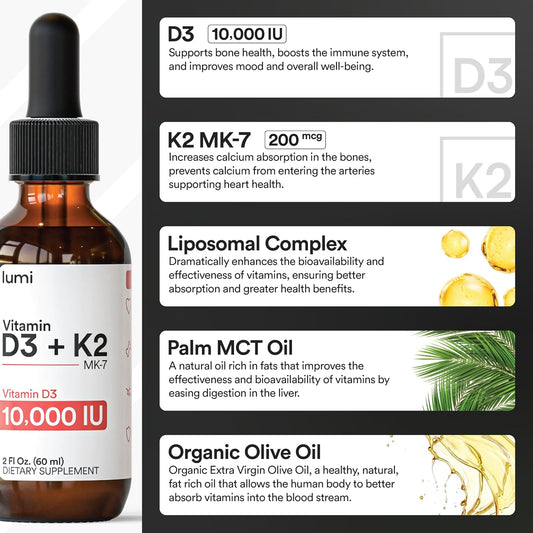 Lumi Vitamin D3 K2 Mk7 W Palm Mct Oil - 10000 Iu D3, 200 Mcg K2 Mk7-60Ml Liposomal Absorption Sublingual Liquid Drops - Non-Gmo, Vegan, Unflavored Liquid - Monthly Supply - 2 Fl Oz - (1 Pack)