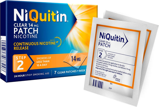 Niquitin 14 Mg Nicotine Patch - Step 2 - Stop Smoking Aid Therapy - 7 Clear Patches For 1 Weeks Treatment - 24H Craving Control - Invisible Nicotine Patches, White, 7 Count (Pack Of 1)
