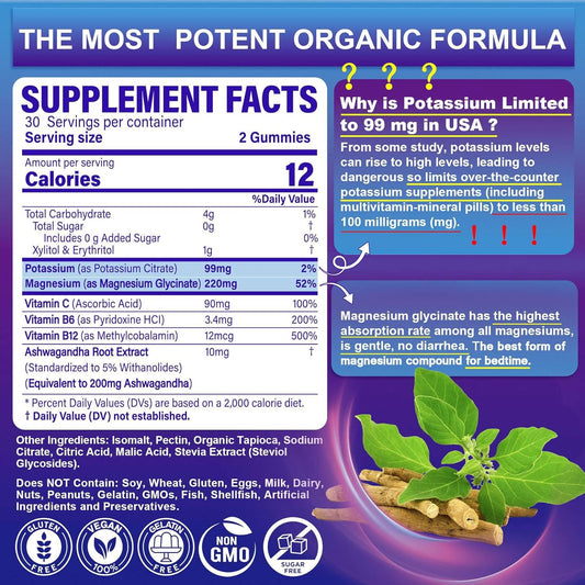 Potassium Magnesium Gummies - Potassium Supplement W/Ashwagandha 200Mg, High Absorption Magnesium Glycinate,B6,B12,Potassium Citrate For Leg Cramps,Muscle,Electroyte For Adults Kids,Sugar-Free, 1Pack