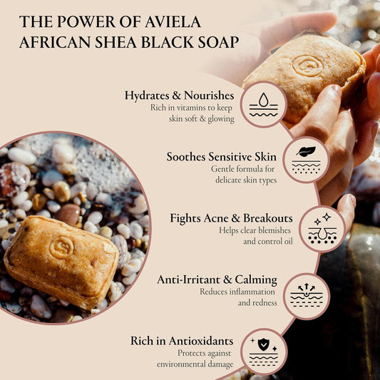 Aviela African Black Soap Bar, Contains Shea Butter, Clears & Exfoliates Skin, Vegan & Cruelty Free, 100% Natural Unrefined African Shea Butter Face & Body Soap, 120G