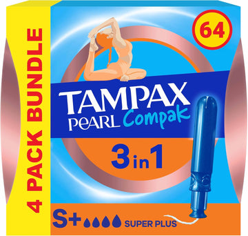Tampax Compak Pearl Tampons, Super Plus With Applicator, 64 Tampons (16 X 4 Packs), Leak Protection And Discretion