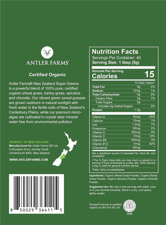 Antler Farms - 100% Pure Organic New Zealand Super Greens Powder, 40 Servings, 200G - Wheat Grass, Barley Grass, Chlorella, Spirulina - Vegan, Gluten Free, Chlorophyll Rich, For Energy And Detox
