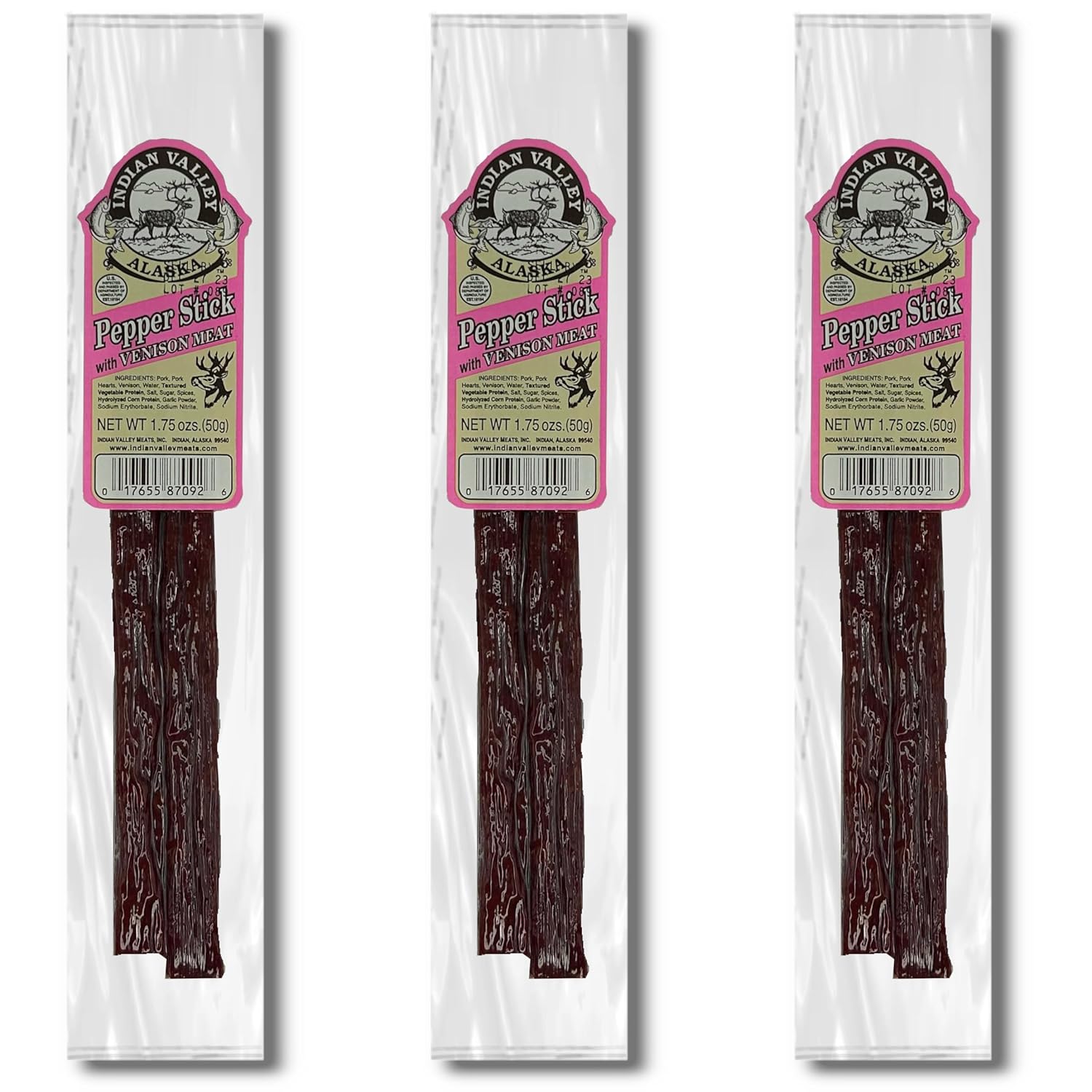 Indian Valley Venison Pepper Jerky Stick - 1.75Oz (3-Pack) - Authentic Alaskan Delicacy, On-The-Go Snack Hiking, Adventure Enthusiasts : Grocery & Gourmet Food