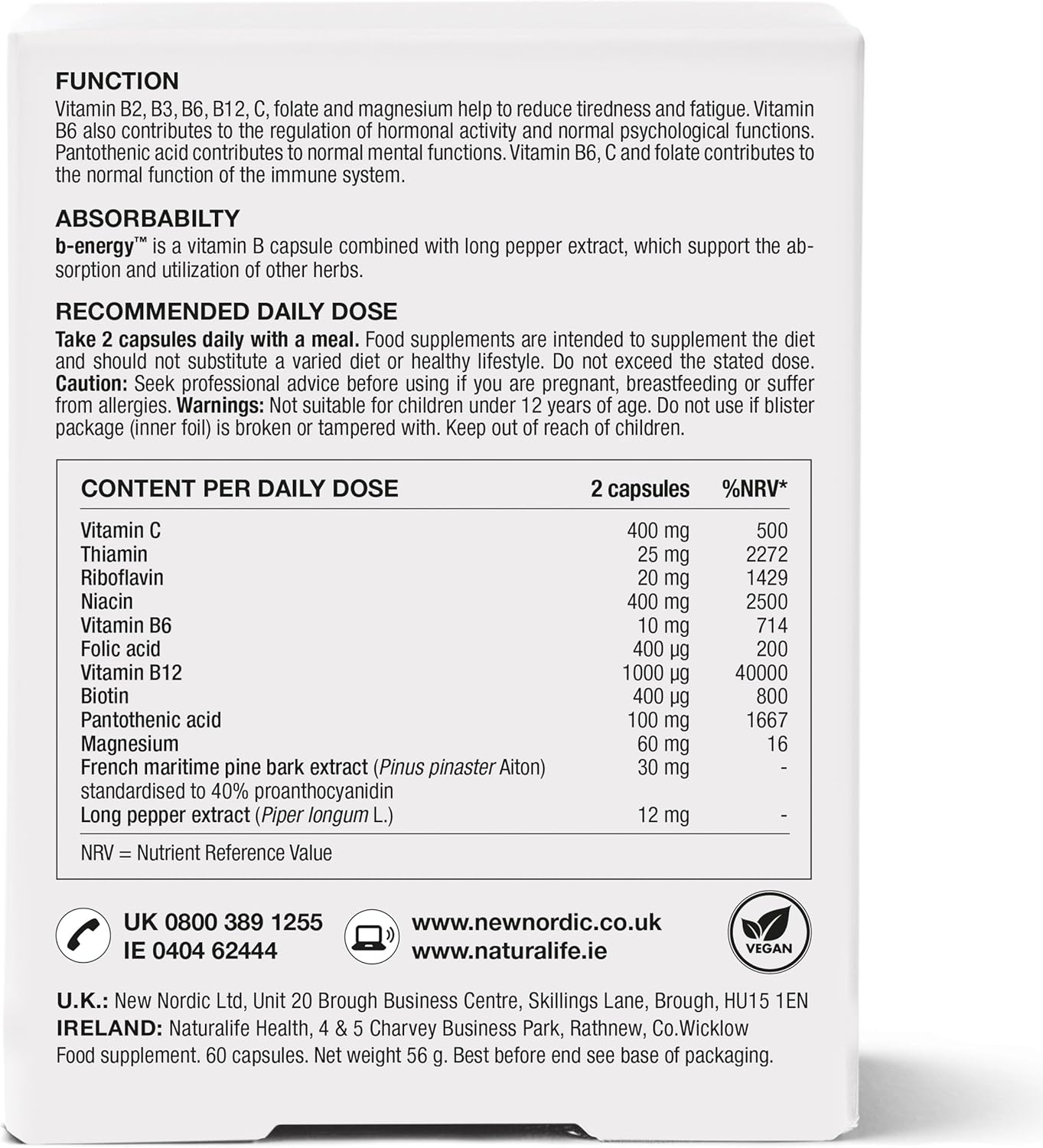 New Nordic B-Energy Mega Strength Vitamin B Complex 60 Pack - Dairy and Gluten Free - Vegan Supplements - Multi Vitamins for Tiredness and Fatigue : Amazon.co.uk: Health & Personal Care