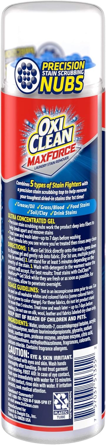 Oxiclean Maxforce Gel Stain Remover Stick, 5 In 1 Power Spot Remover For Clothes, 6.2 Fl Oz