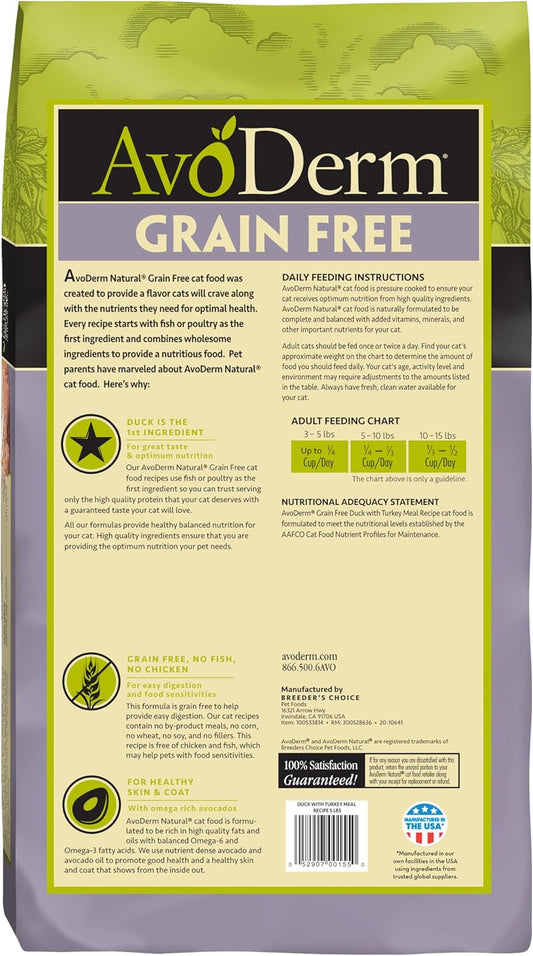 Avoderm Natural Grain-Free Dry Cat Food, All Life Stages Duck Recipe, 5 Lb Bag