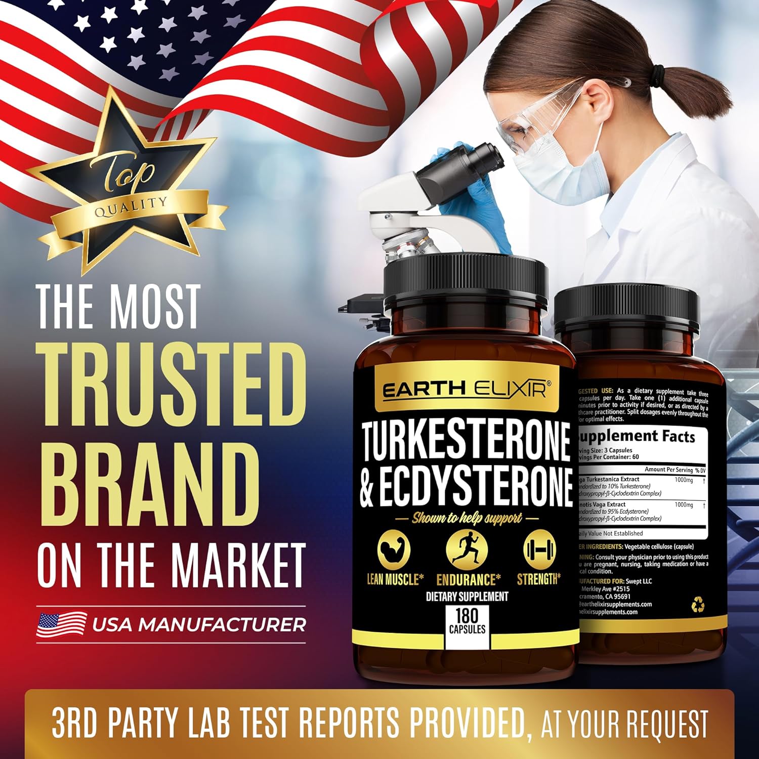 Earth Elixir Turkesterone 1000mg and Ecdysterone 1000mg Supplements (180 Capsules) 2 Month Supply - 3rd Party Tested- Turkesterone Supplement for Men (Ajuga Turkestanica) with 95% Beta Ecdysterone : Health & Household