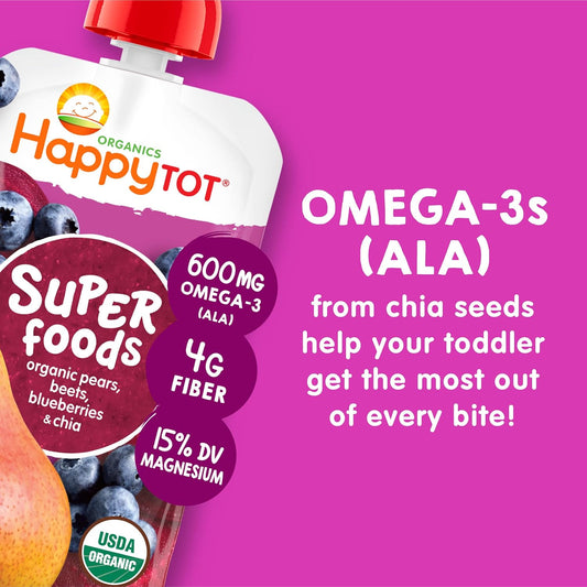 Happy Tot Organics Super Foods Stage 4, Pears, Blueberries & Beets (Pack Of 16) & Stage 4 Fiber & Protein 4 Flavor Variety Pack (Pack Of 16)