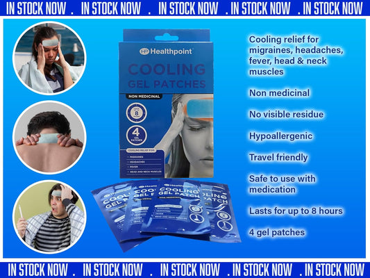 Healthpoint Cooling Gel Patches, Pack Of 4 Patches, Relief For Migraines, Headaches, Fever, Head And Neck Muscles, Lasts Up To 8 Hours, Non Medicinal, Suitable For Home And Travel